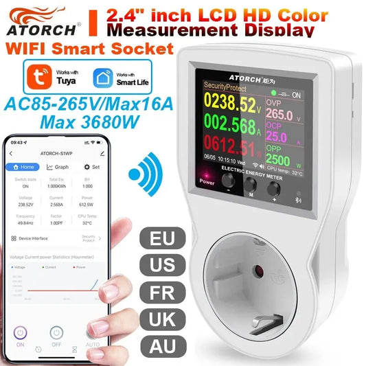 WiFi Smart Socket Digital Wattmeter – 16A, AC85–265V